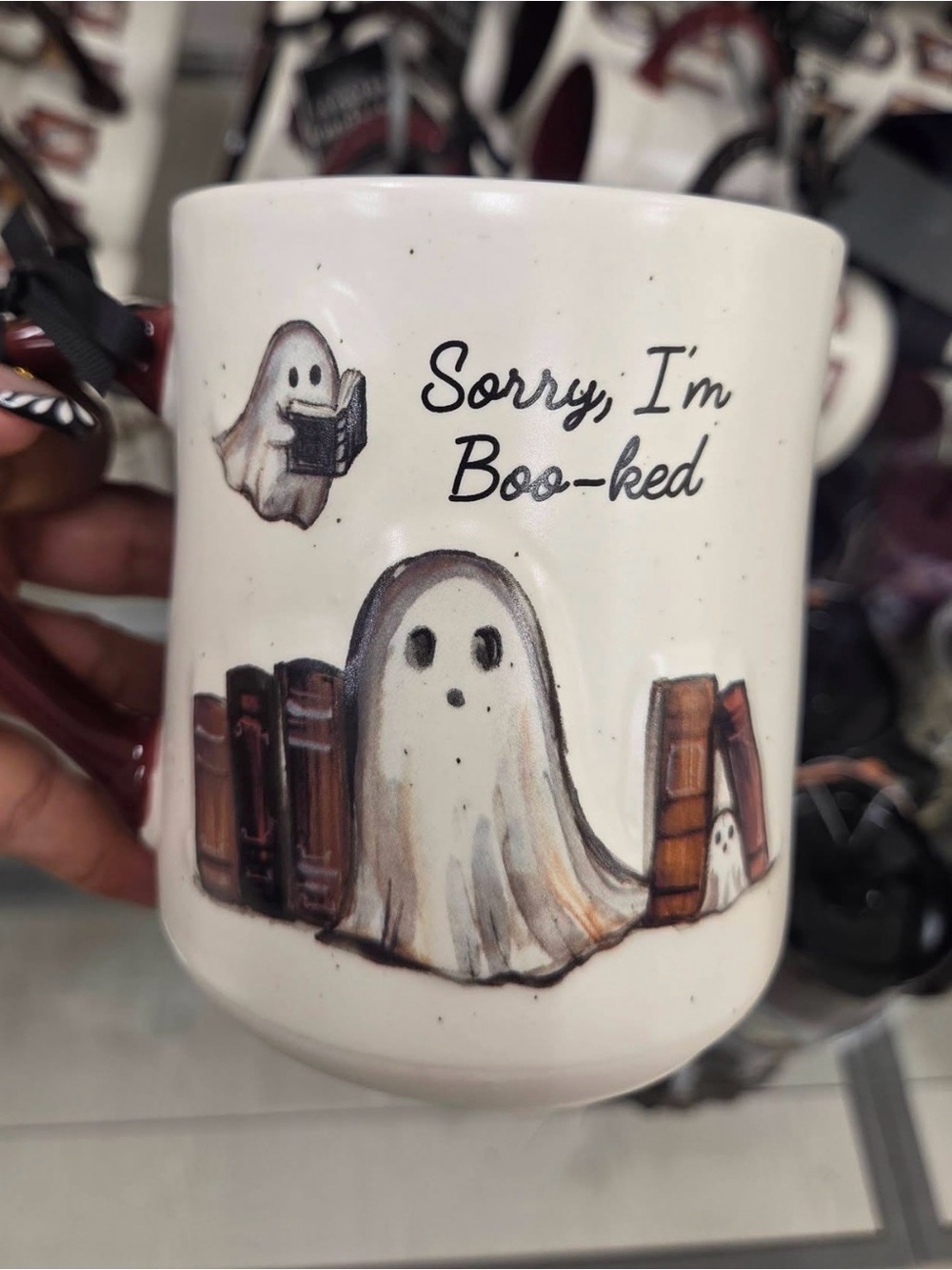 Sorry I'm Boo-ked Ghost Mug - White with Brown Accent